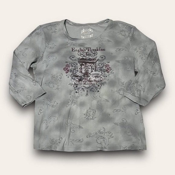 Y2K Rhinestone Graphic Top English Breakfast Tea Size Large Fairycore Mcbling - Picture 1 of 5